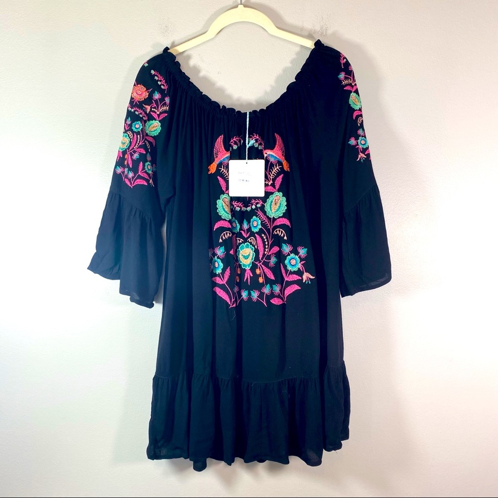 Umgee | Black Boho Floral Embroidered Bell Sleeve Dress NWT